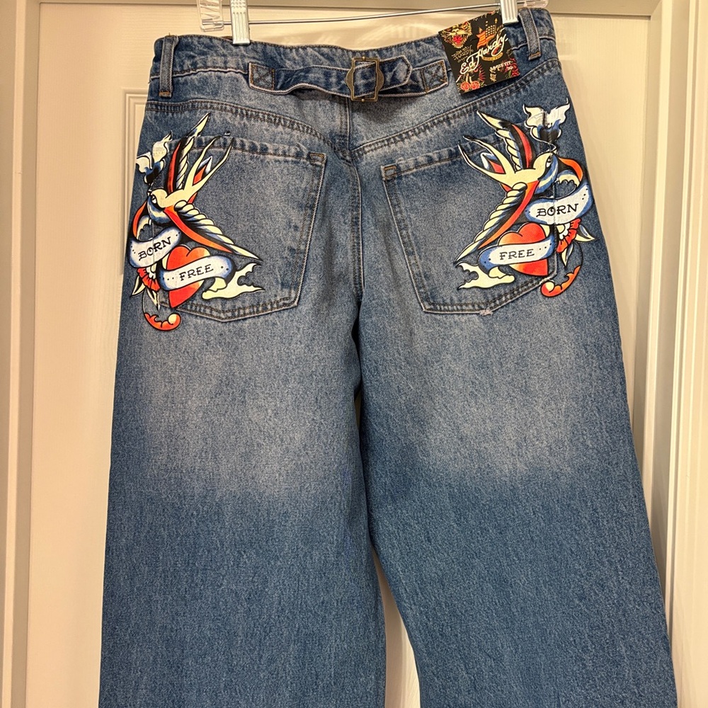 NWT Ed Hardy Y2K Buckle Back Denim Jeans Size 30 Wide Leg Baggy JNCO Born Free